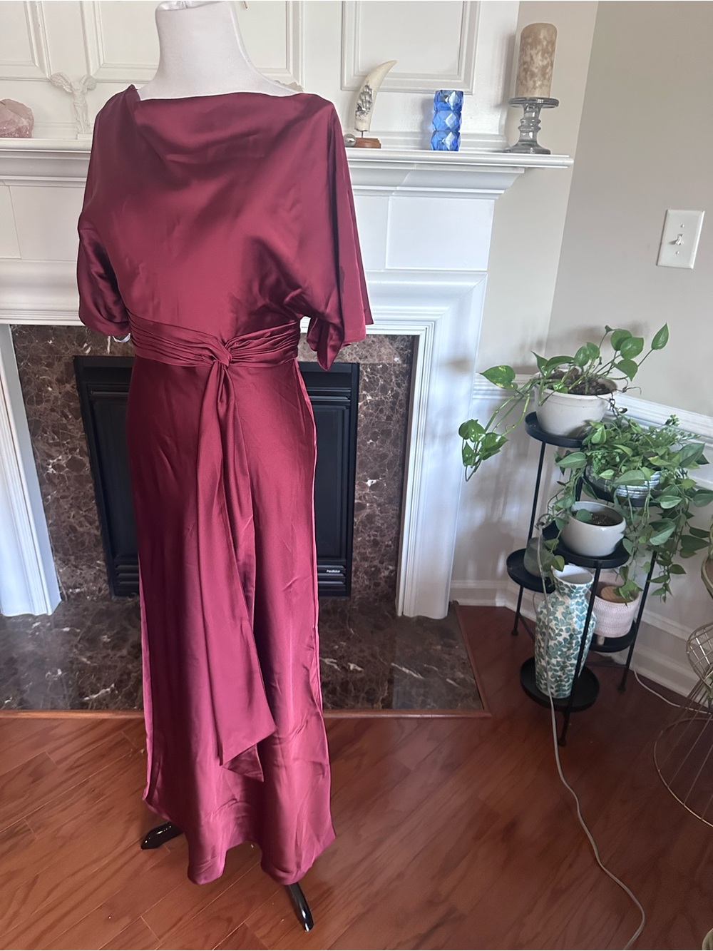 Satin Rust or Burgundy Tie-Waist long Midi to Maxi Dress - Women